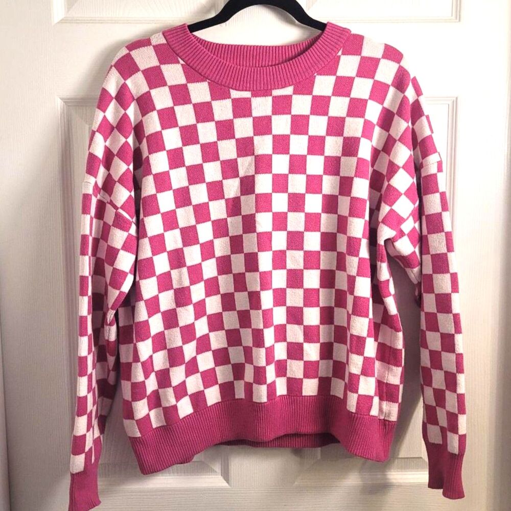Betsy's Boutique Shop L Pink White Sweater Preppy Y2K Mod Barbiecore Retro